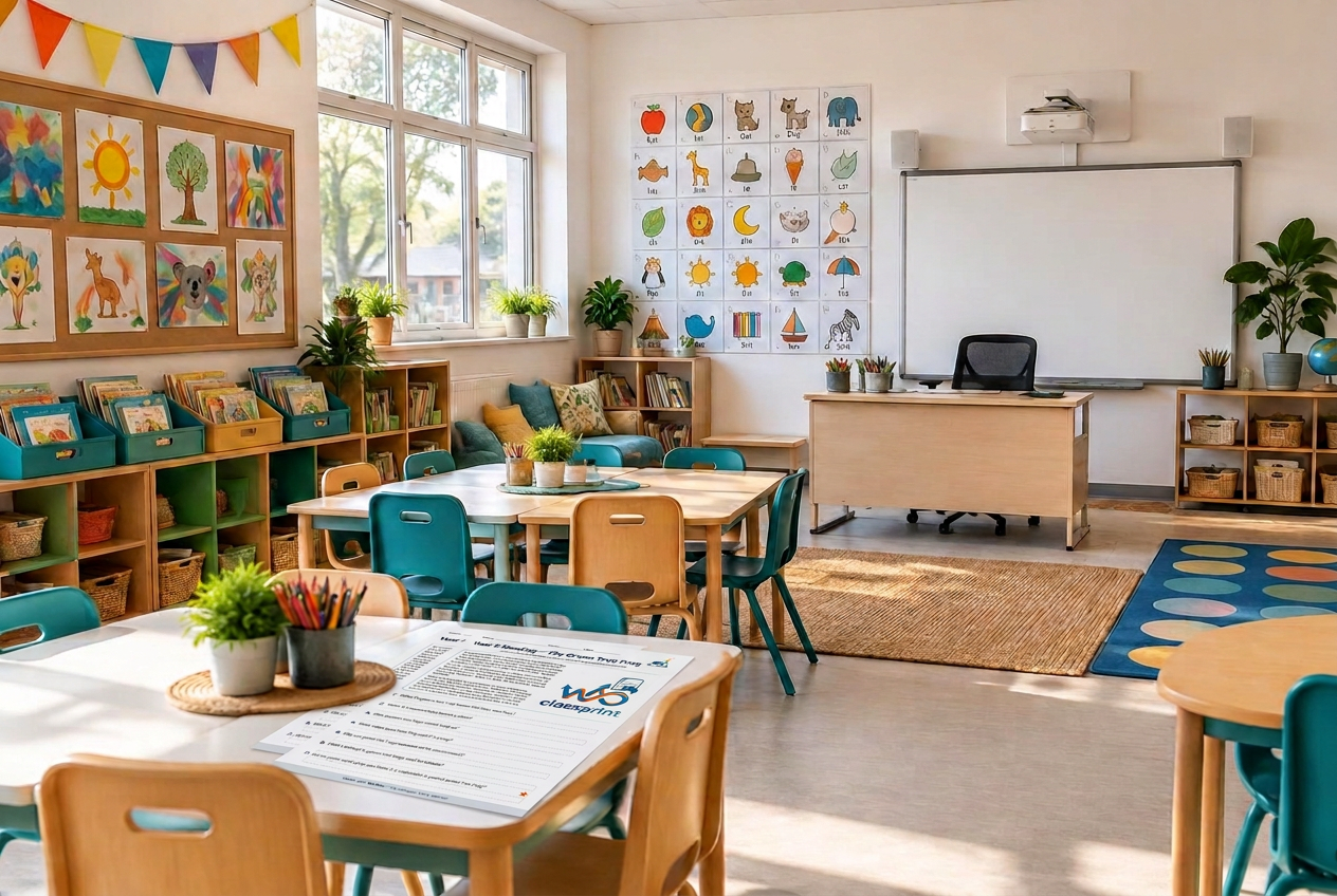 A real classroom before the bell with Classprint worksheets laid out on the desks