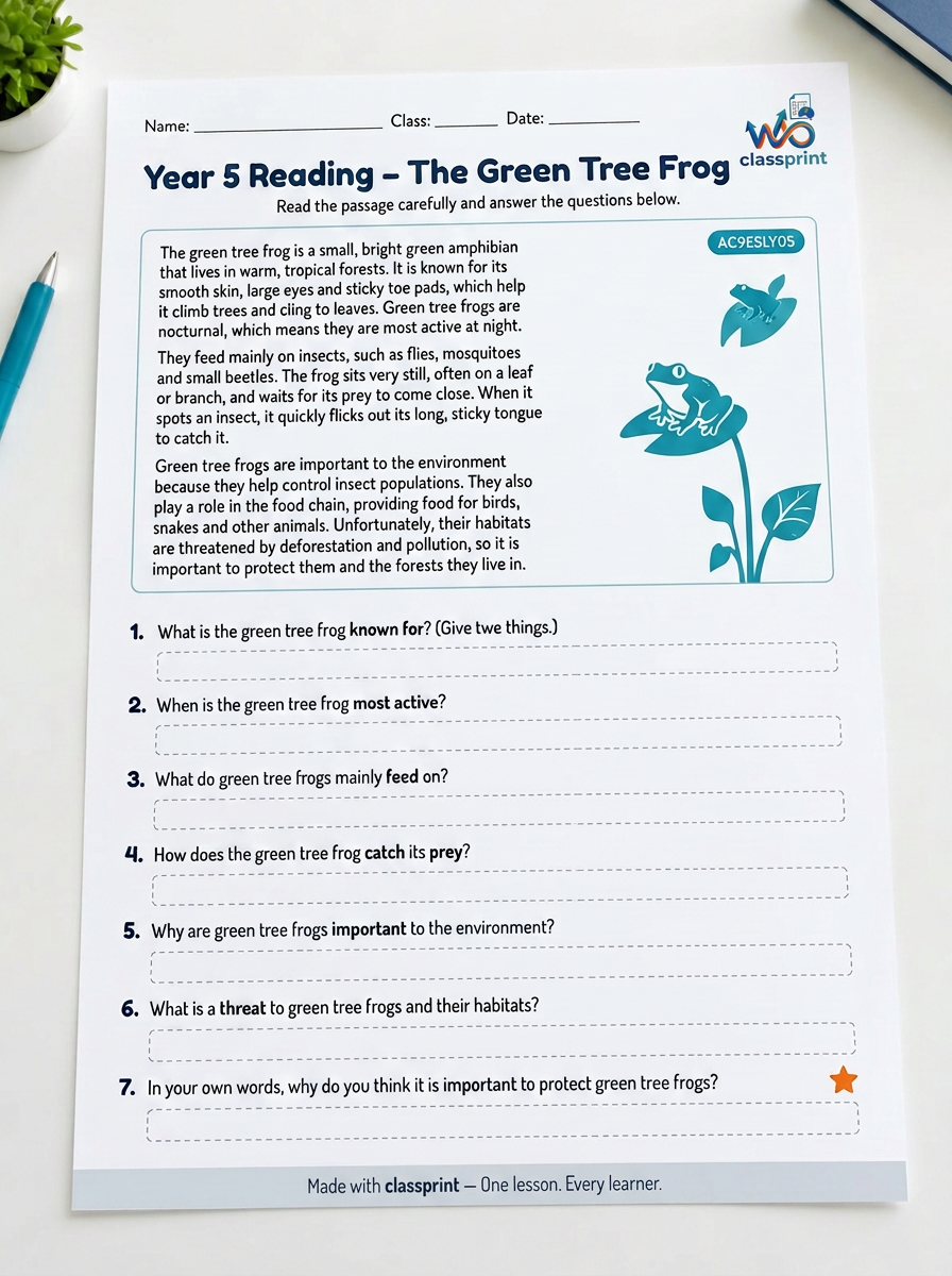 The Green Tree Frog — Year 5 Reading